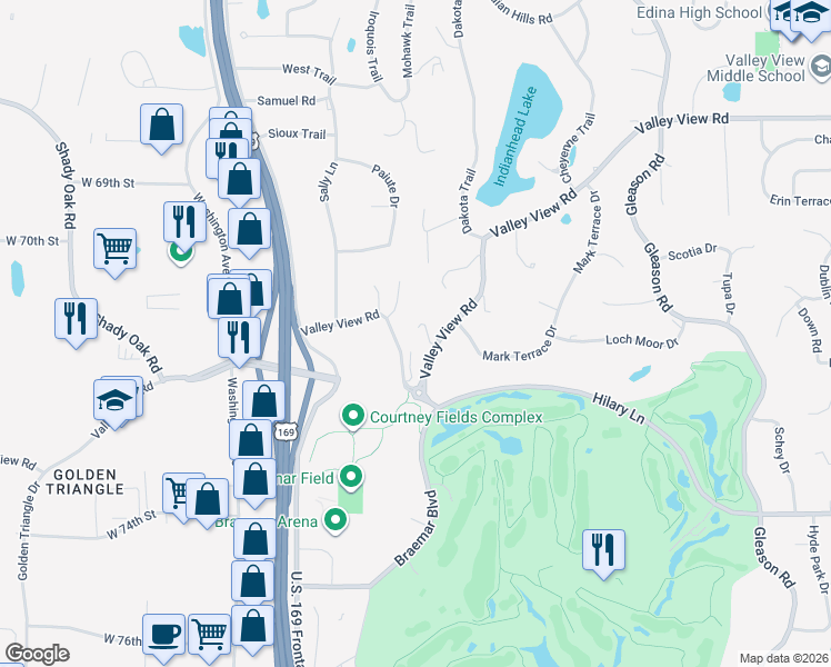 map of restaurants, bars, coffee shops, grocery stores, and more near 7108 Valley View Road in Minneapolis