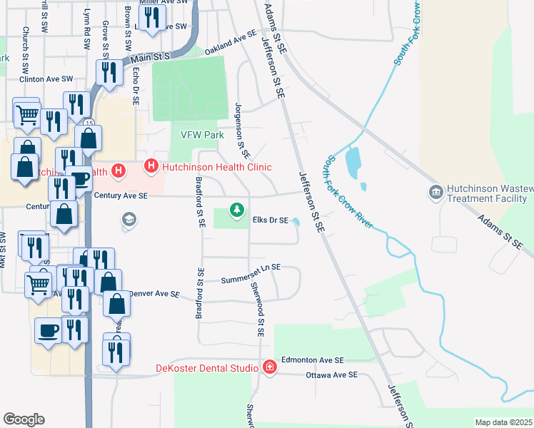 map of restaurants, bars, coffee shops, grocery stores, and more near 117 Elks Drive Southeast in Hutchinson