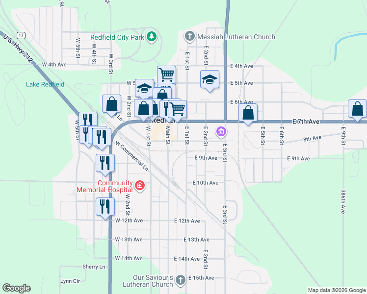map of restaurants, bars, coffee shops, grocery stores, and more near 806 East 1st Street in Redfield