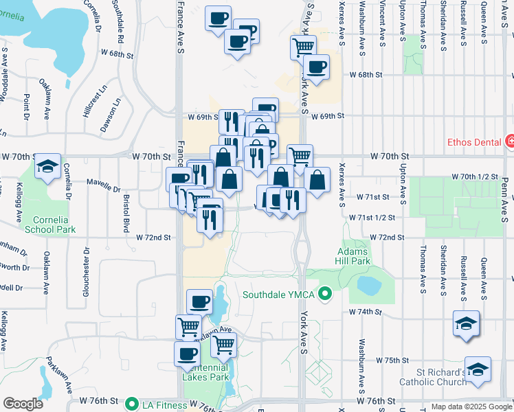 map of restaurants, bars, coffee shops, grocery stores, and more near 3478 Hazelton Road in Edina