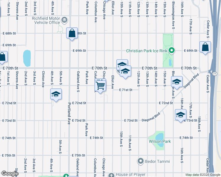 map of restaurants, bars, coffee shops, grocery stores, and more near 7115 Chicago Avenue in Richfield