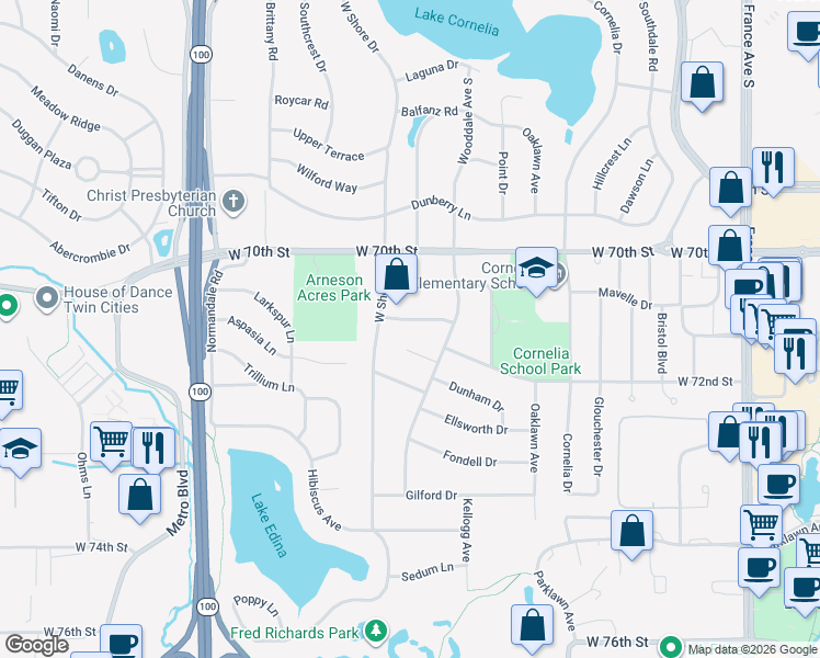 map of restaurants, bars, coffee shops, grocery stores, and more near 4508 Claremore Court in Minneapolis