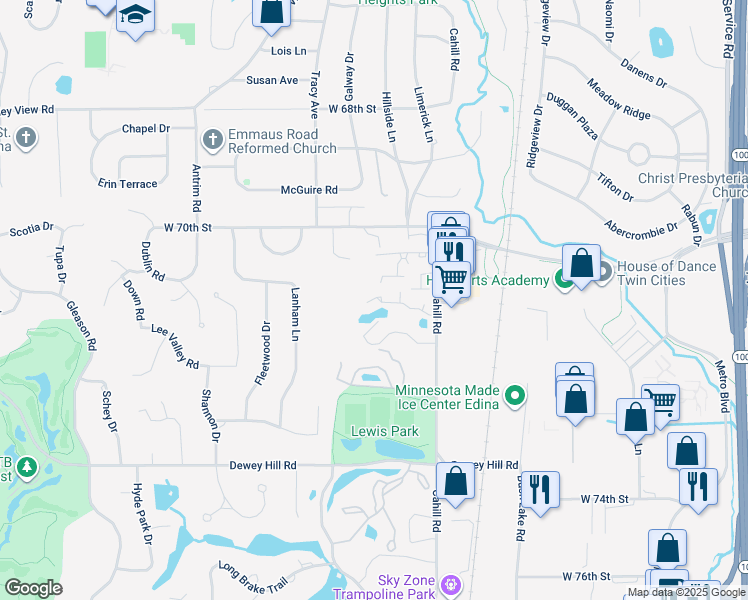 map of restaurants, bars, coffee shops, grocery stores, and more near 5554 Oak Glen Road in Edina