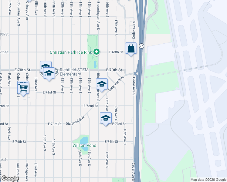map of restaurants, bars, coffee shops, grocery stores, and more near 7110 17th Avenue South in Minneapolis