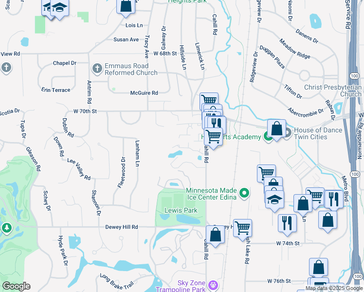 map of restaurants, bars, coffee shops, grocery stores, and more near 5554 Oak Glen Road in Edina