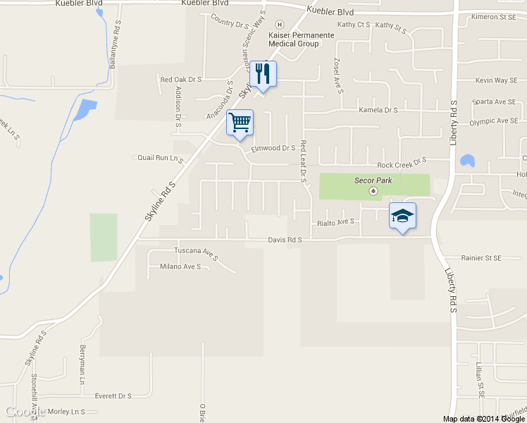 map of restaurants, bars, coffee shops, grocery stores, and more near 5598 Cottonwood Court South in Salem