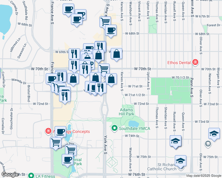map of restaurants, bars, coffee shops, grocery stores, and more near 7101 York Avenue South in Edina