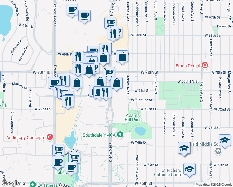 map of restaurants, bars, coffee shops, grocery stores, and more near 7101 York Avenue South in Edina