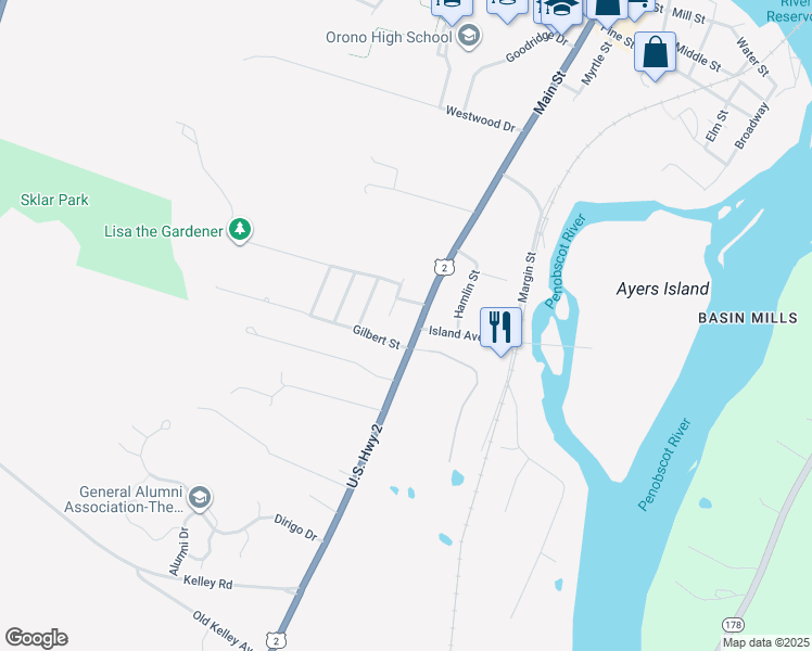 map of restaurants, bars, coffee shops, grocery stores, and more near 5 Gilbert Street in Orono
