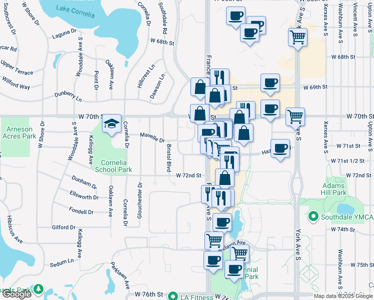 map of restaurants, bars, coffee shops, grocery stores, and more near 7110 France Avenue South in Minneapolis
