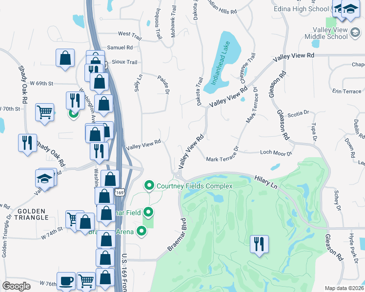 map of restaurants, bars, coffee shops, grocery stores, and more near 7108 Valley View Road in Minneapolis