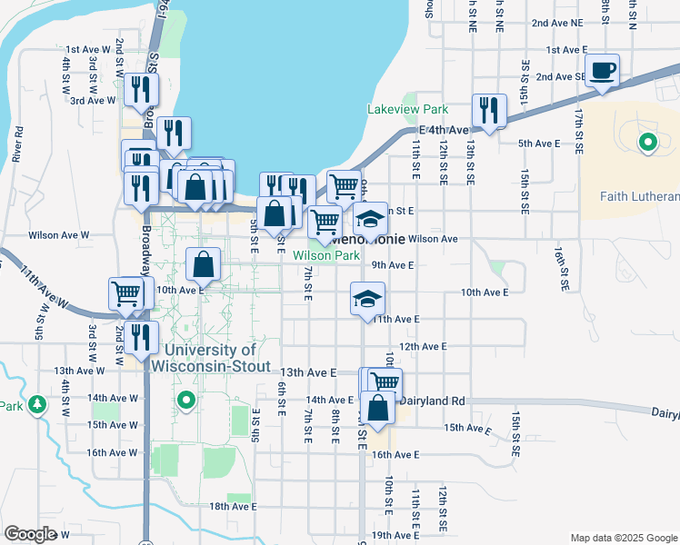 map of restaurants, bars, coffee shops, grocery stores, and more near 919 9th Street East in Menomonie