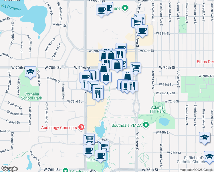 map of restaurants, bars, coffee shops, grocery stores, and more near in Edina