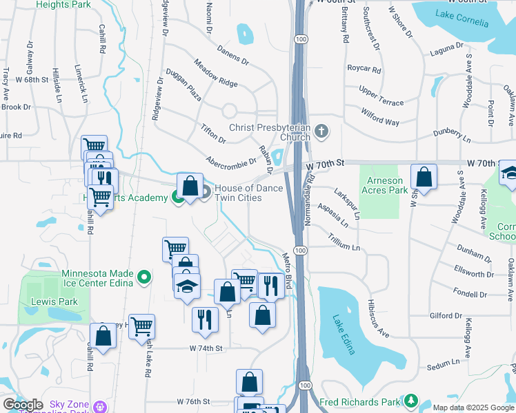 map of restaurants, bars, coffee shops, grocery stores, and more near 7101 Metro Boulevard in Minneapolis