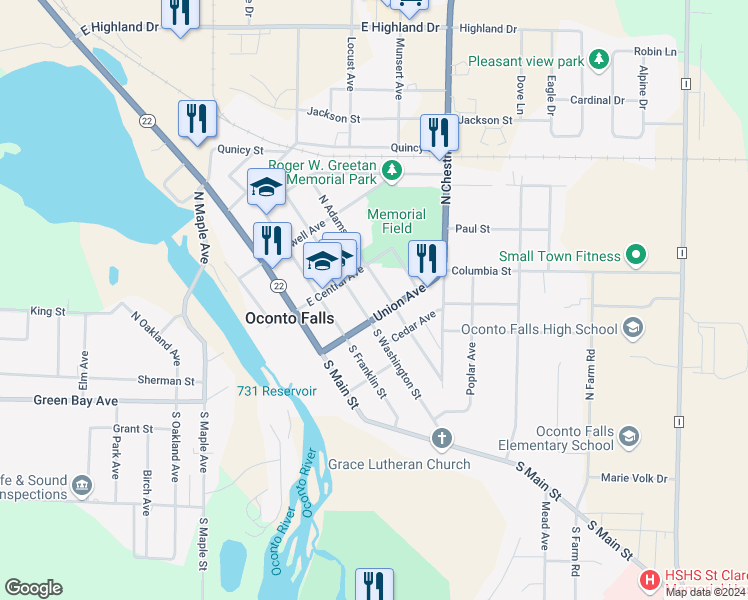 map of restaurants, bars, coffee shops, grocery stores, and more near 102 South Washington Street in Oconto Falls