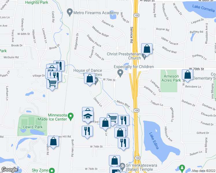 map of restaurants, bars, coffee shops, grocery stores, and more near 7100 Metro Boulevard in Minneapolis