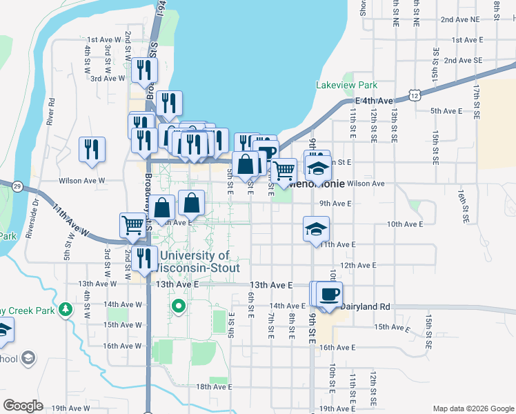 map of restaurants, bars, coffee shops, grocery stores, and more near 917 7th Street East in Menomonie