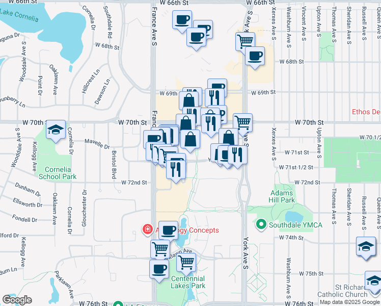 map of restaurants, bars, coffee shops, grocery stores, and more near in Edina
