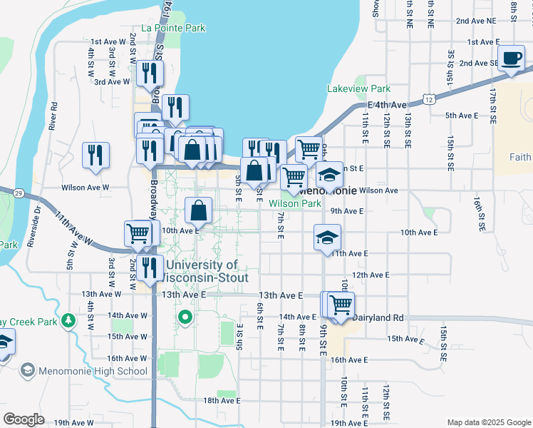 map of restaurants, bars, coffee shops, grocery stores, and more near 606 9th Avenue East in Menomonie