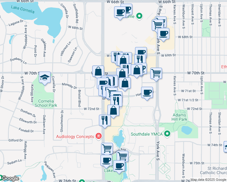 map of restaurants, bars, coffee shops, grocery stores, and more near 7123 France Avenue South in Edina