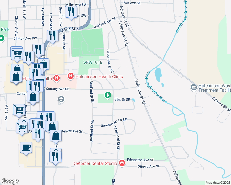 map of restaurants, bars, coffee shops, grocery stores, and more near 117 Elks Drive Southeast in Hutchinson