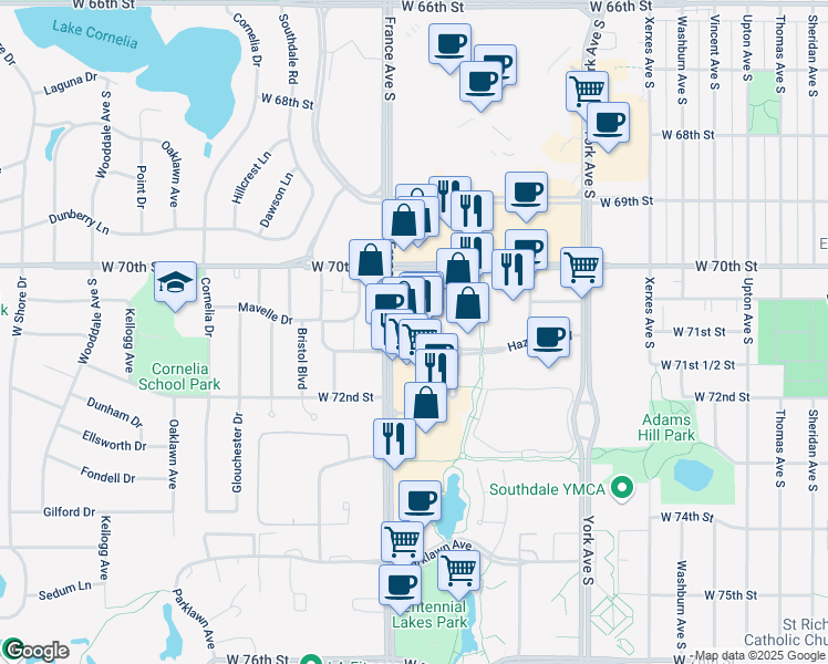 map of restaurants, bars, coffee shops, grocery stores, and more near 7171 France Avenue South in Minneapolis