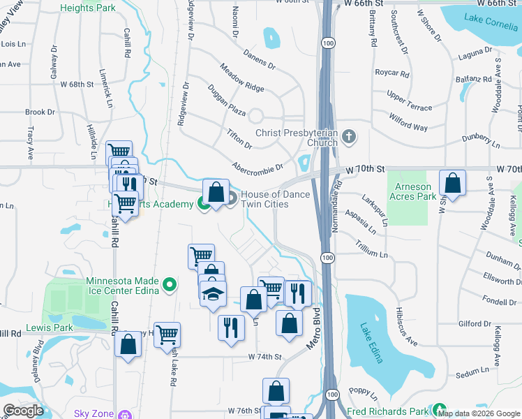 map of restaurants, bars, coffee shops, grocery stores, and more near 7100 Metro Boulevard in Minneapolis