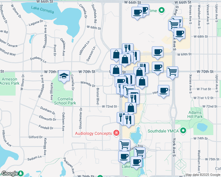 map of restaurants, bars, coffee shops, grocery stores, and more near 7110 France Avenue South in Minneapolis