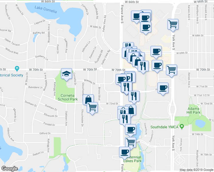 map of restaurants, bars, coffee shops, grocery stores, and more near 4000 Hazelton Road in Minneapolis