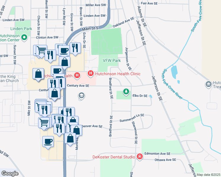 map of restaurants, bars, coffee shops, grocery stores, and more near 1214 Bradford Street Southeast in Hutchinson