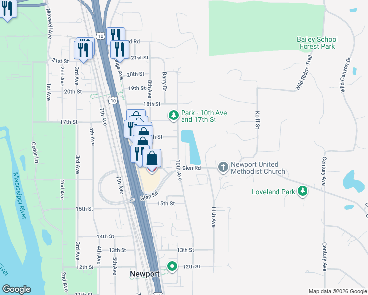map of restaurants, bars, coffee shops, grocery stores, and more near 1651 10th Avenue in Newport