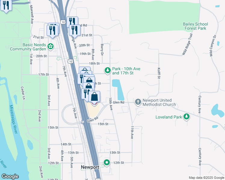 map of restaurants, bars, coffee shops, grocery stores, and more near 1660 10th Avenue in Newport