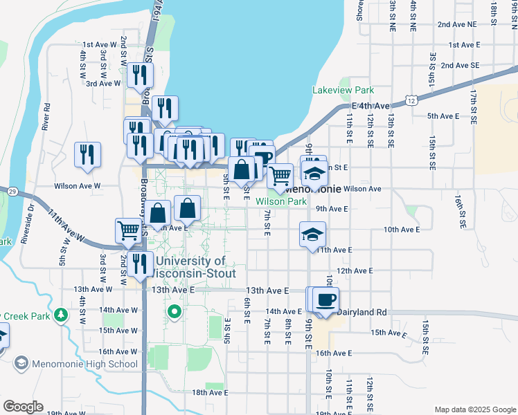 map of restaurants, bars, coffee shops, grocery stores, and more near 917 7th Street East in Menomonie