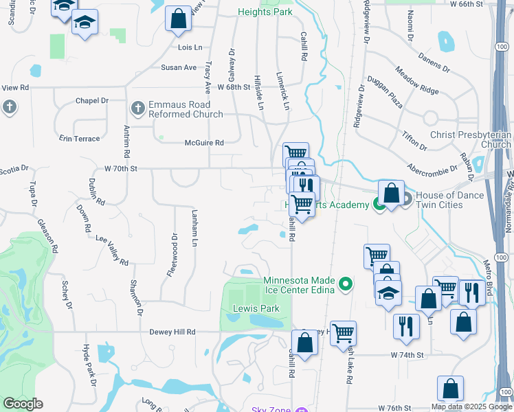 map of restaurants, bars, coffee shops, grocery stores, and more near 5525 Village Drive in Minneapolis