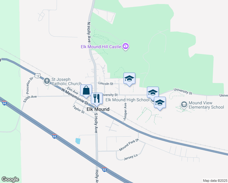 map of restaurants, bars, coffee shops, grocery stores, and more near 209 Lincoln Street in Elk Mound