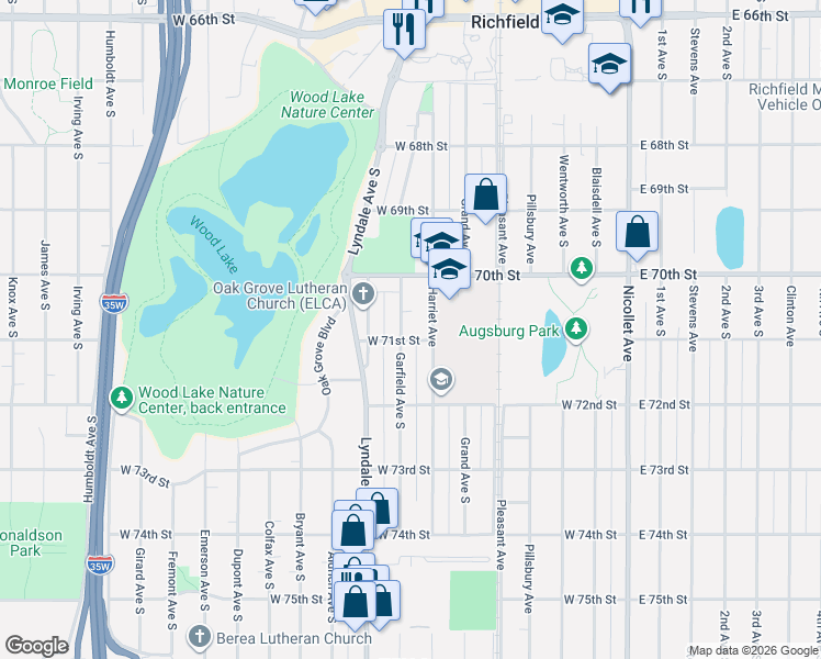 map of restaurants, bars, coffee shops, grocery stores, and more near 7017 Garfield Avenue South in Minneapolis