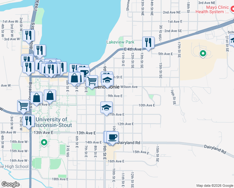 map of restaurants, bars, coffee shops, grocery stores, and more near 910 Wilson Avenue in Menomonie