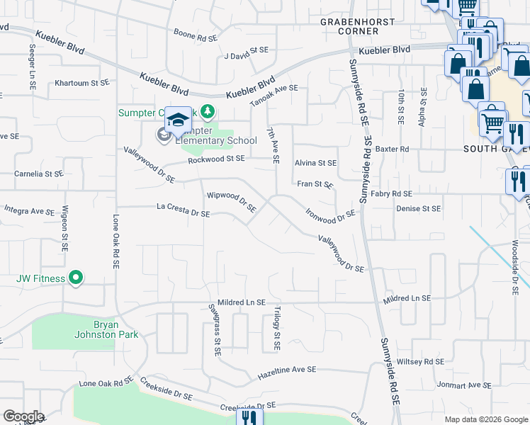 map of restaurants, bars, coffee shops, grocery stores, and more near 685 Valleywood Drive Southeast in Salem