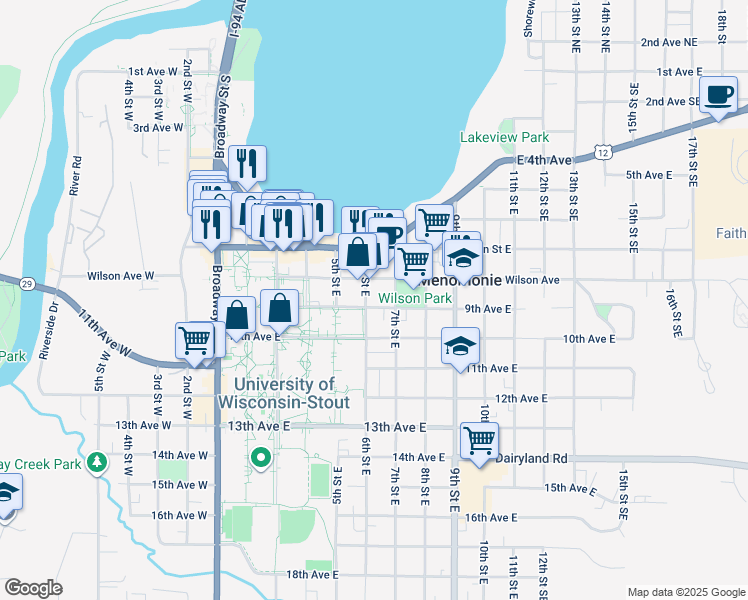 map of restaurants, bars, coffee shops, grocery stores, and more near 604 Wilson Avenue in Menomonie