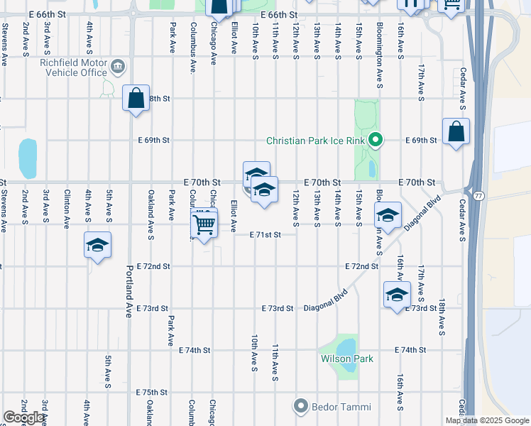 map of restaurants, bars, coffee shops, grocery stores, and more near 7020 South 12th Avenue in Minneapolis