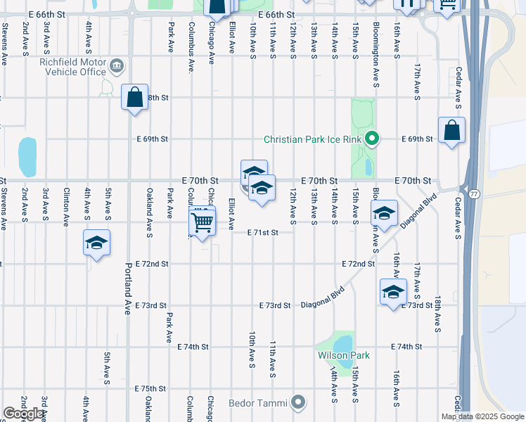 map of restaurants, bars, coffee shops, grocery stores, and more near 7020 South 12th Avenue in Minneapolis