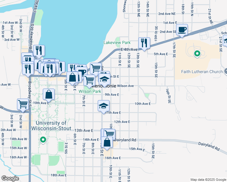 map of restaurants, bars, coffee shops, grocery stores, and more near 910 Wilson Avenue in Menomonie