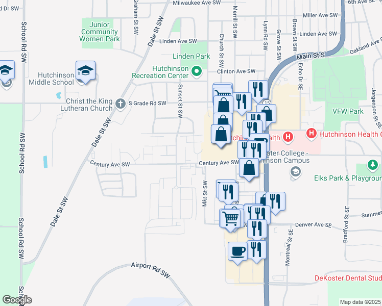 map of restaurants, bars, coffee shops, grocery stores, and more near 742 Cleveland Avenue Southwest in Hutchinson