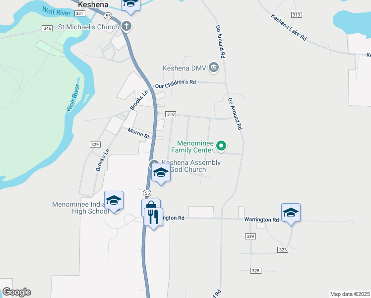 map of restaurants, bars, coffee shops, grocery stores, and more near Chief Little Crow Lane in Keshena