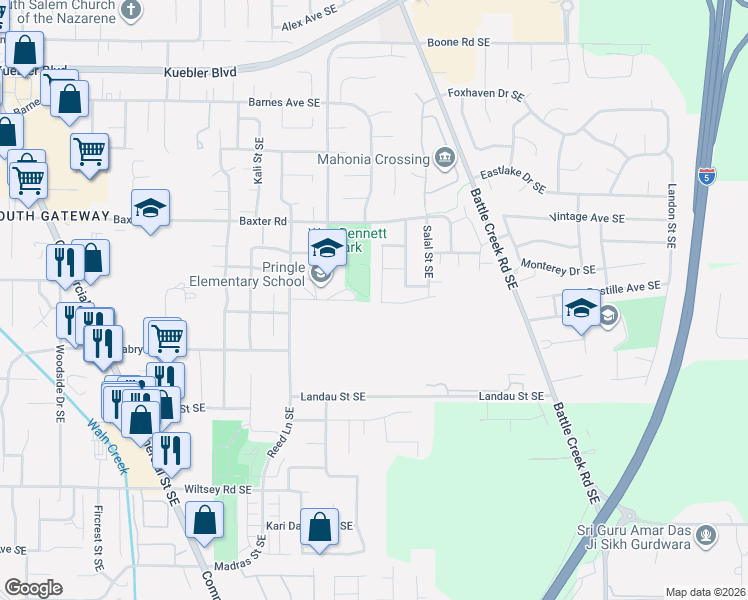 map of restaurants, bars, coffee shops, grocery stores, and more near 5529 Bellflower Court Southeast in Salem