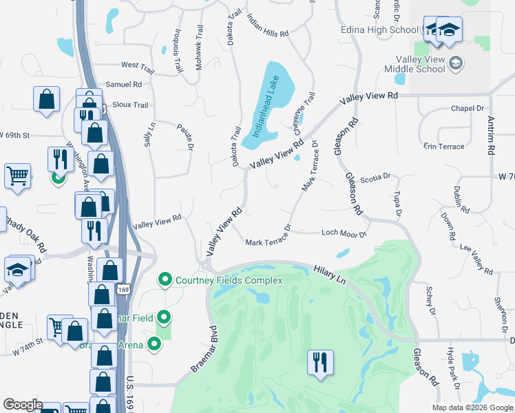 map of restaurants, bars, coffee shops, grocery stores, and more near 7009 Valley View Road in Edina