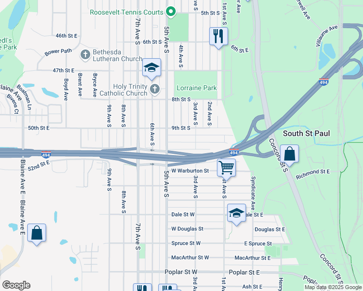 map of restaurants, bars, coffee shops, grocery stores, and more near 242 Park Street West in South Saint Paul