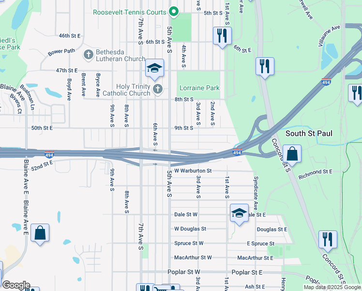 map of restaurants, bars, coffee shops, grocery stores, and more near 242 Park Street West in South Saint Paul