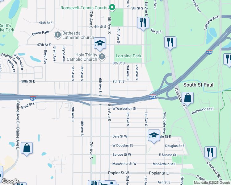 map of restaurants, bars, coffee shops, grocery stores, and more near 242 Park Street West in South Saint Paul
