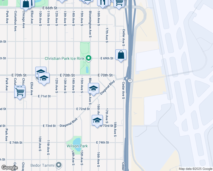 map of restaurants, bars, coffee shops, grocery stores, and more near 7020 17th Avenue South in Minneapolis